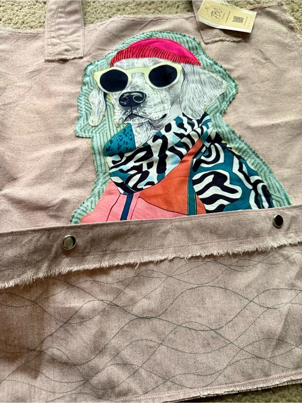 Handmade Oversized Cotton Canvas Tote Pop Art Dog Graphic Patch Boho Artisan Bag - Picture 8 of 11
